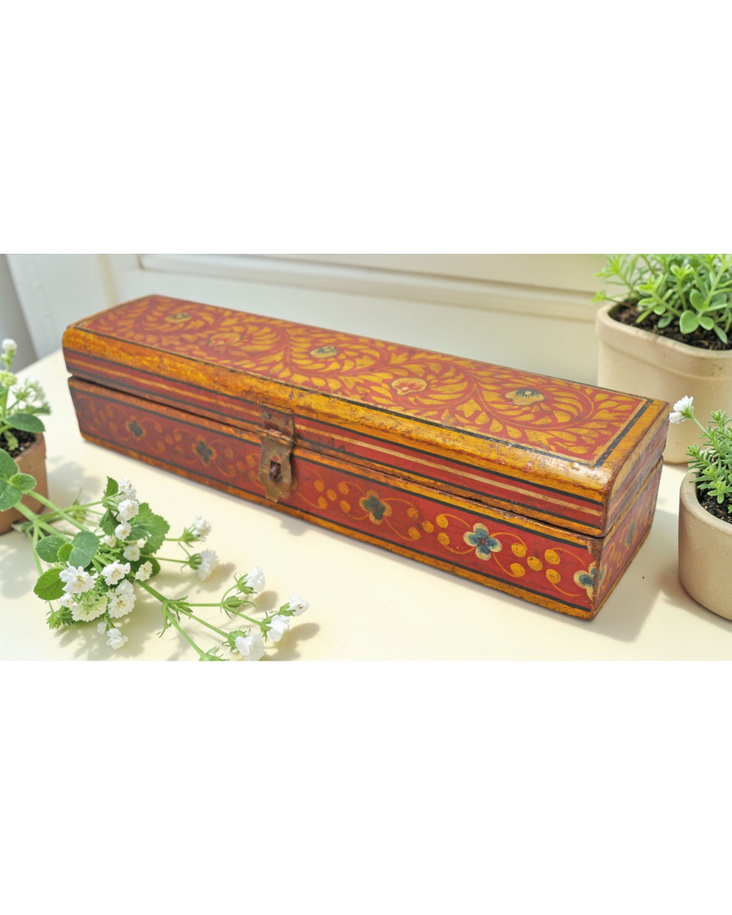 Vintage Wooden Pencil Stationary Box Original Old Hand Crafted Painted