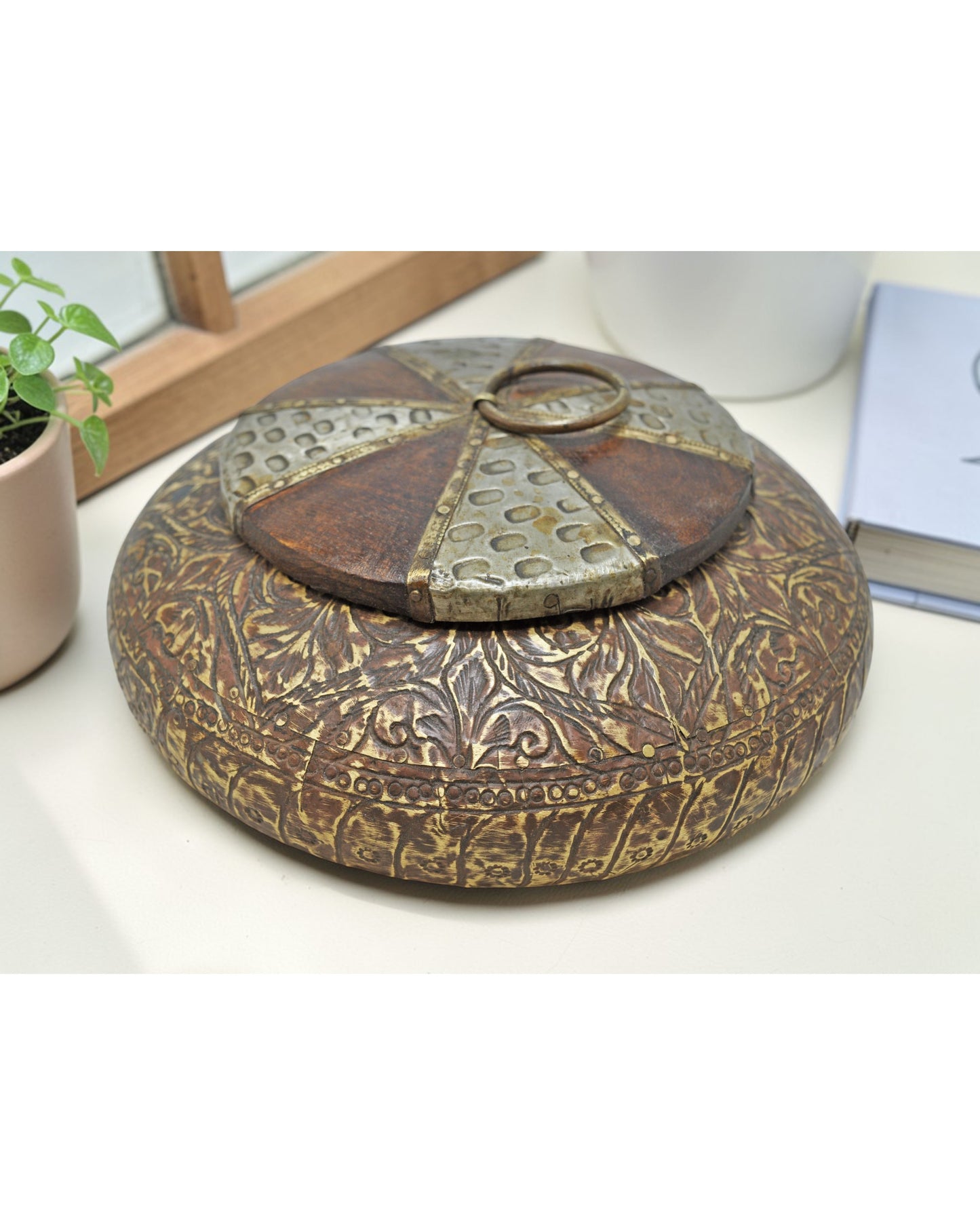 Vintage Wooden Round Opium Tobacco Box Original Old White Metal Fitted