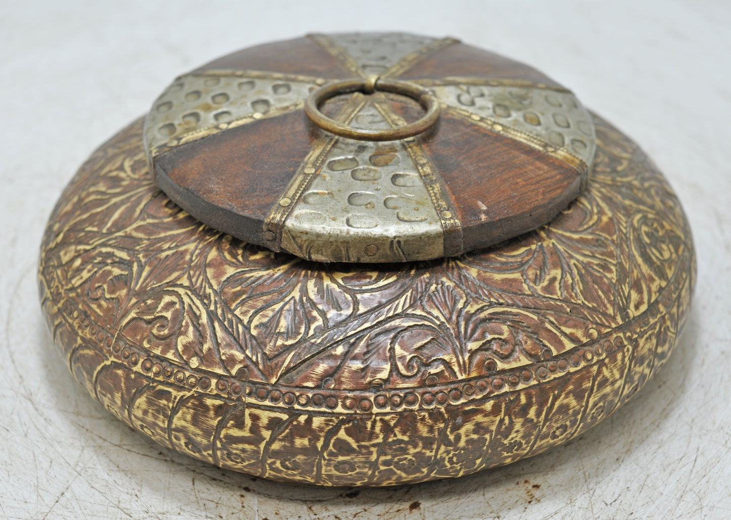 Vintage Wooden Round Opium Tobacco Box Original Old White Metal Fitted