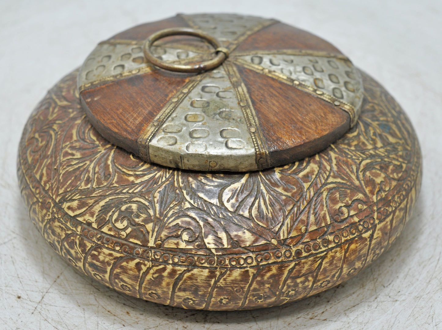 Vintage Wooden Round Opium Tobacco Box Original Old White Metal Fitted