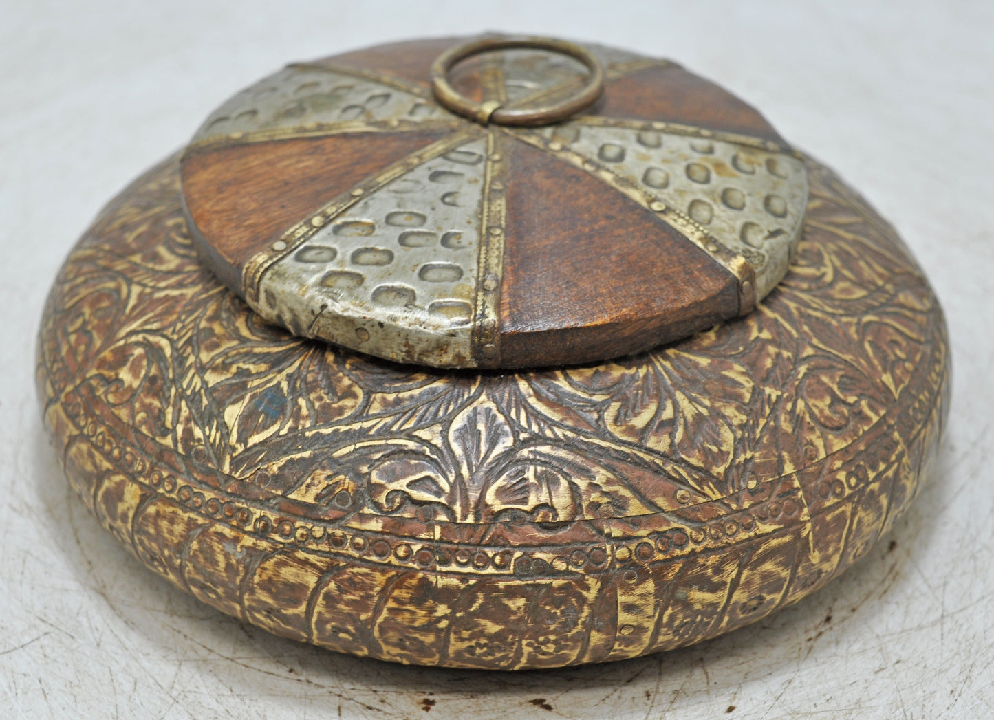 Vintage Wooden Round Opium Tobacco Box Original Old White Metal Fitted