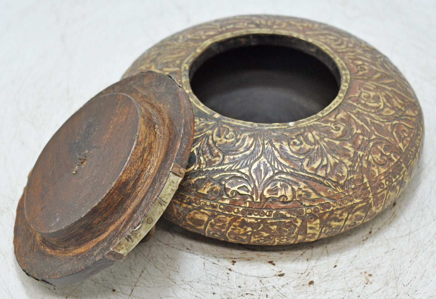 Vintage Wooden Round Opium Tobacco Box Original Old White Metal Fitted