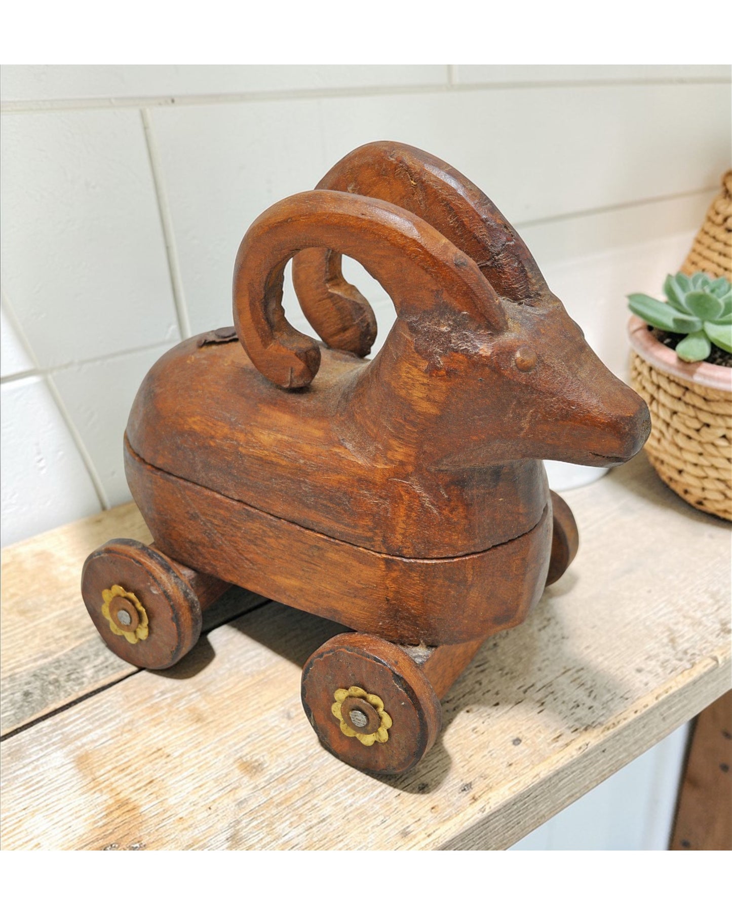 Vintage Wooden Ram Goat on Wheels Figurine Spice Box Original Old Hand Carved
