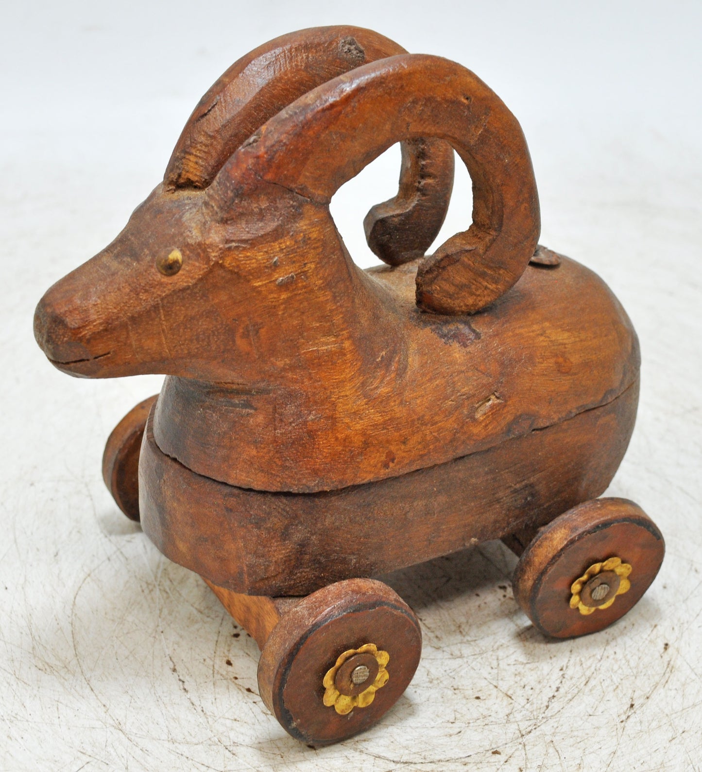 Vintage Wooden Ram Goat on Wheels Figurine Spice Box Original Old Hand Carved
