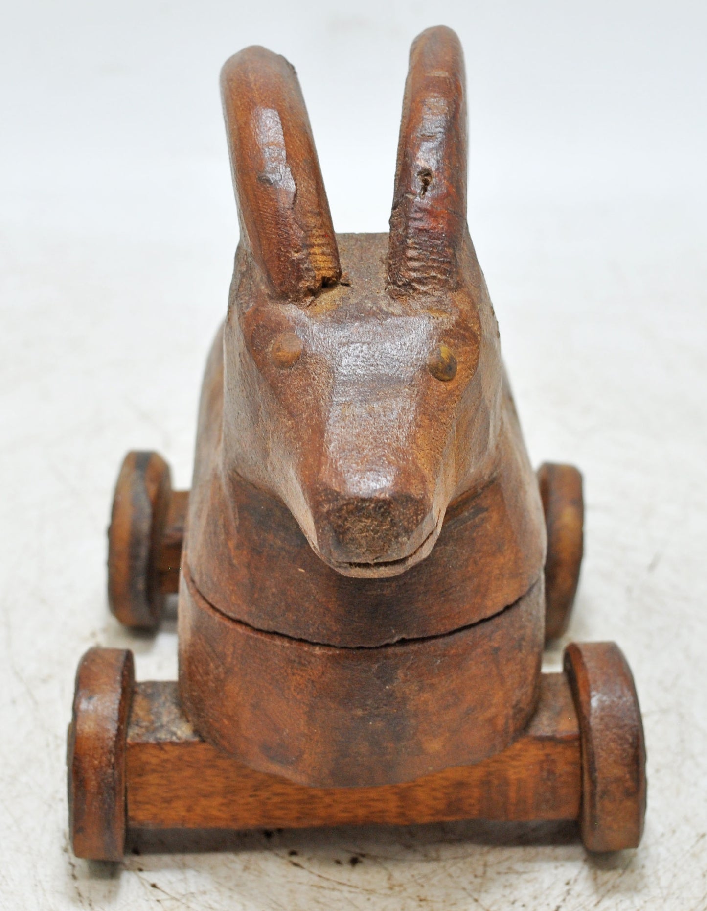 Vintage Wooden Ram Goat on Wheels Figurine Spice Box Original Old Hand Carved