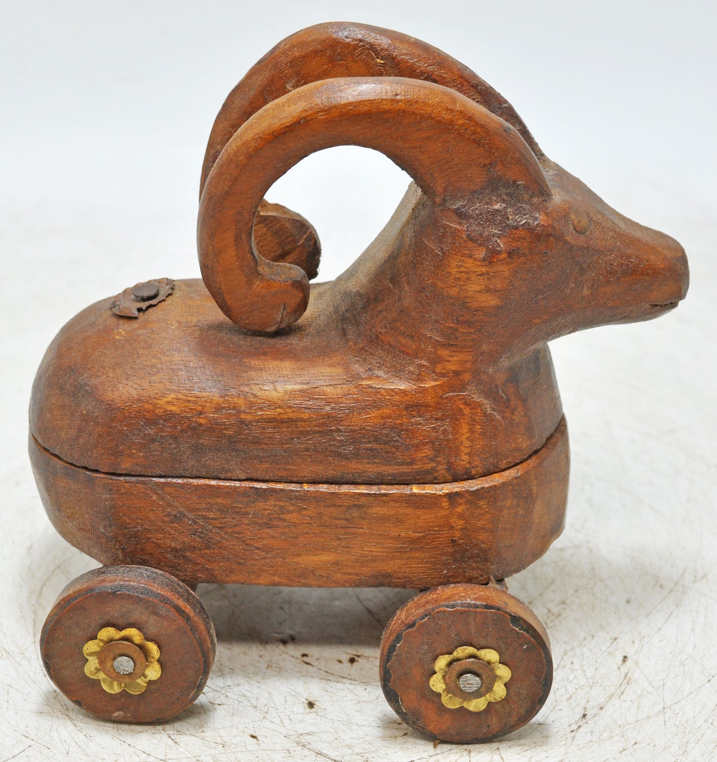 Vintage Wooden Ram Goat on Wheels Figurine Spice Box Original Old Hand Carved