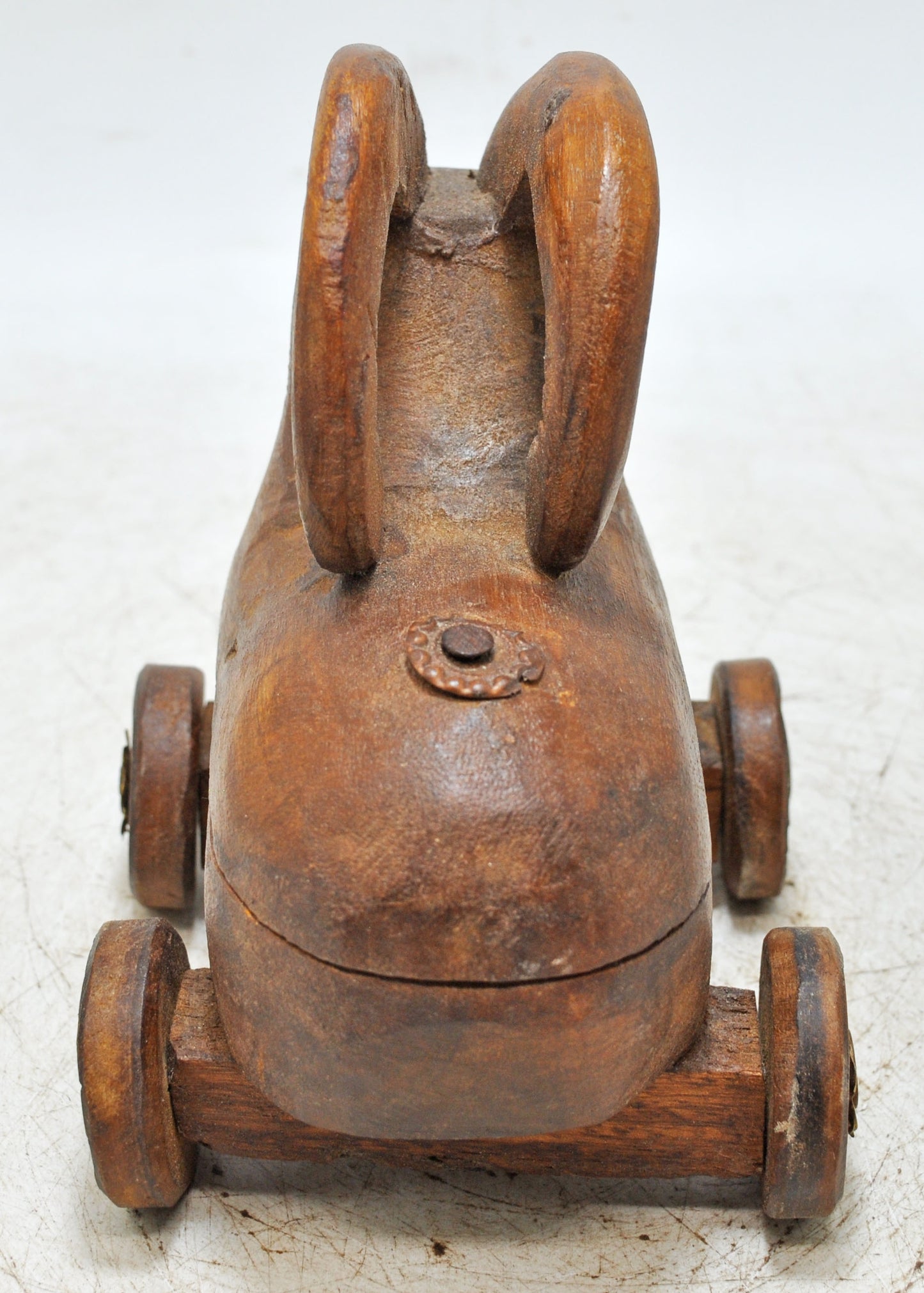 Vintage Wooden Ram Goat on Wheels Figurine Spice Box Original Old Hand Carved