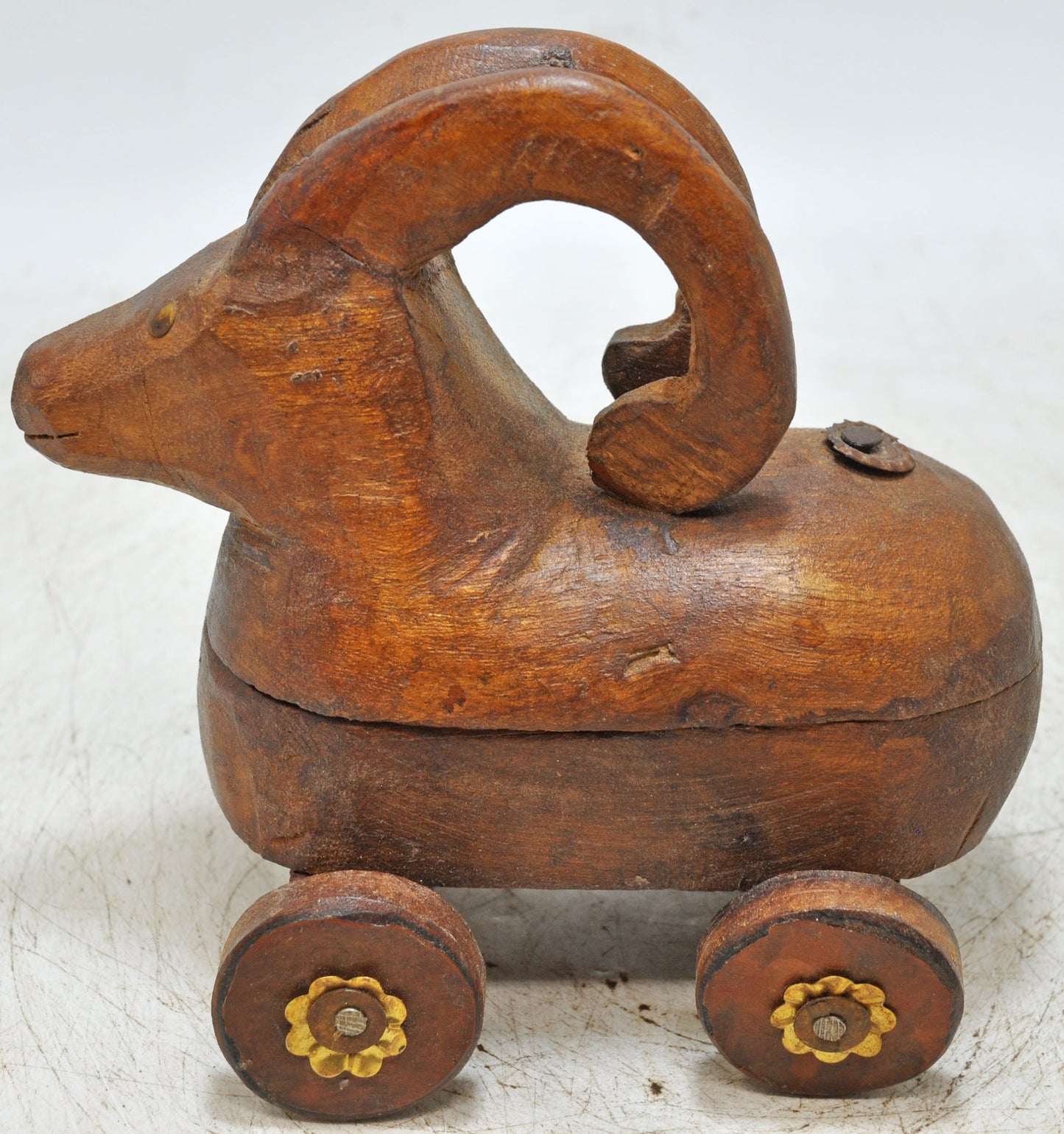 Vintage Wooden Ram Goat on Wheels Figurine Spice Box Original Old Hand Carved