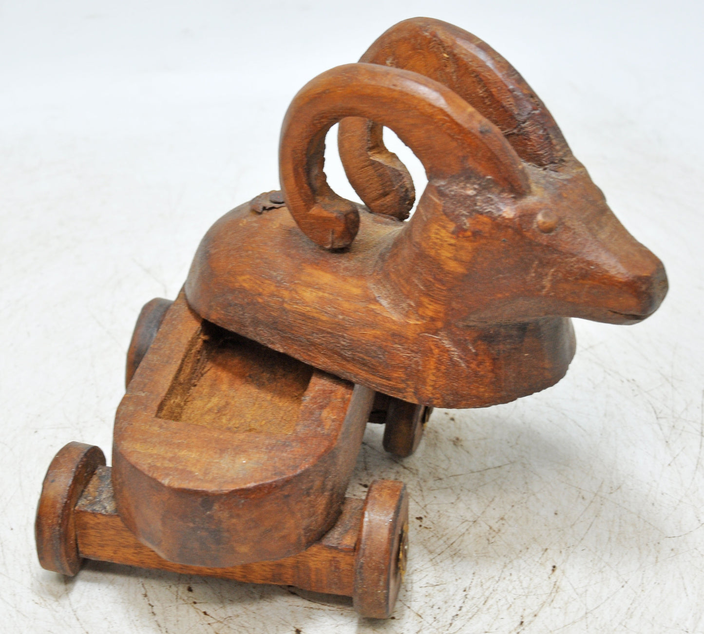 Vintage Wooden Ram Goat on Wheels Figurine Spice Box Original Old Hand Carved