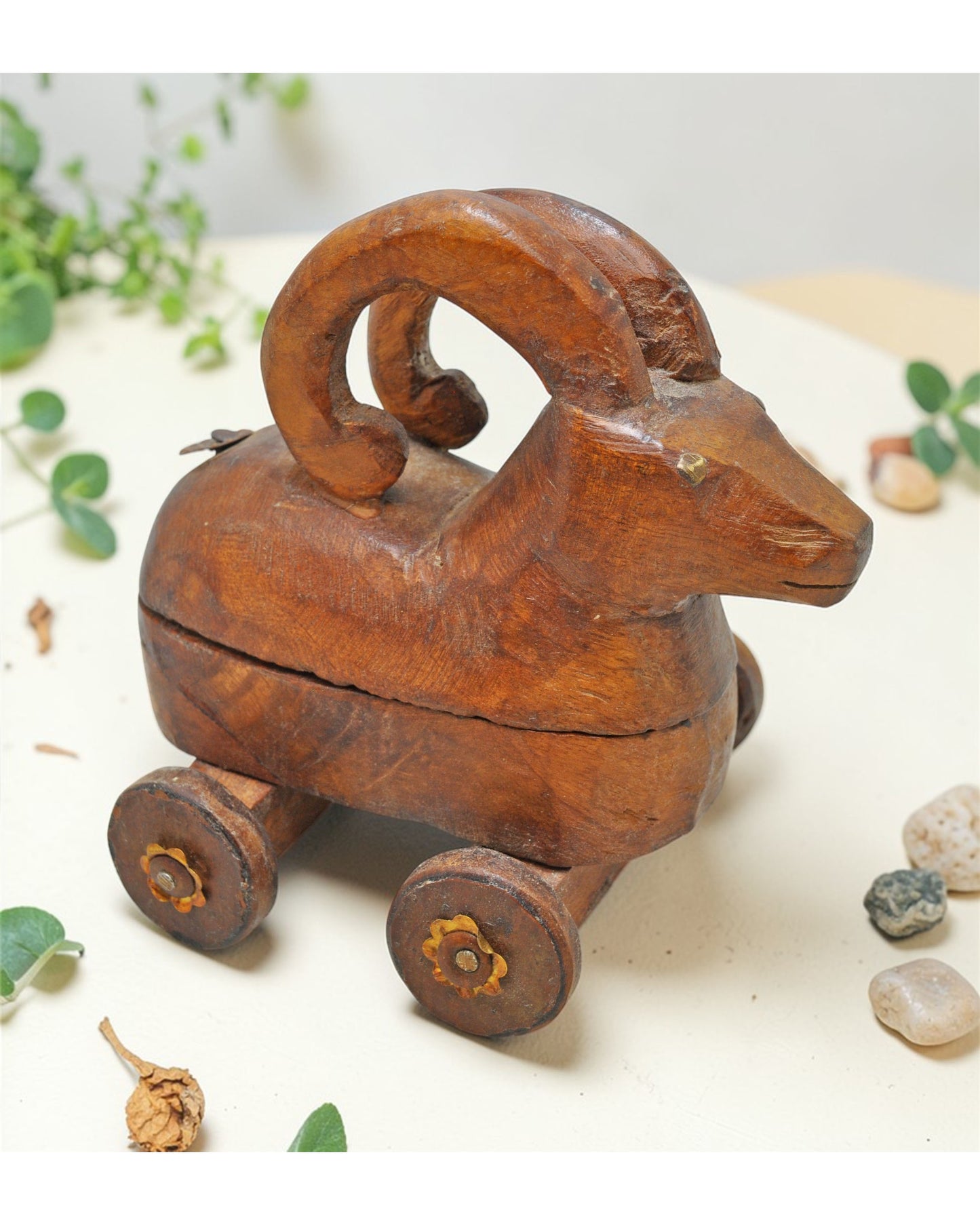 Vintage Wooden Ram Goat on Wheels Figurine Spice Box Original Old Hand Carved