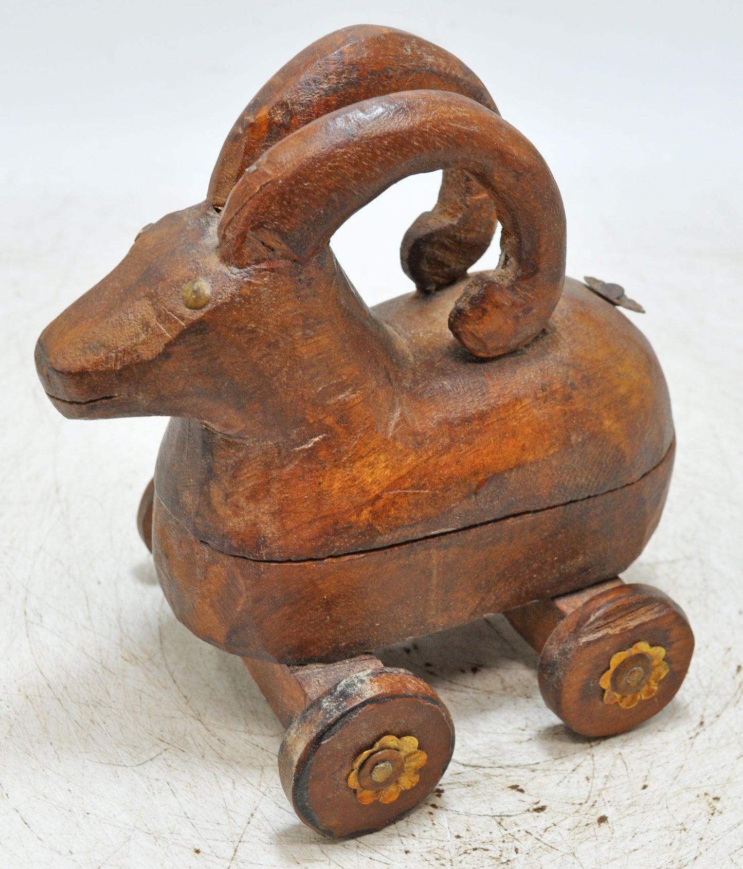 Vintage Wooden Ram Goat on Wheels Figurine Spice Box Original Old Hand Carved