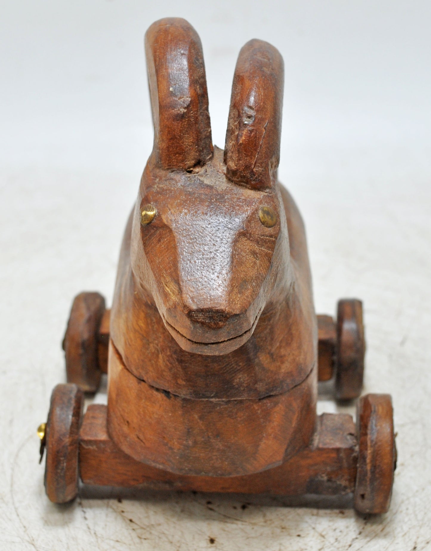 Vintage Wooden Ram Goat on Wheels Figurine Spice Box Original Old Hand Carved