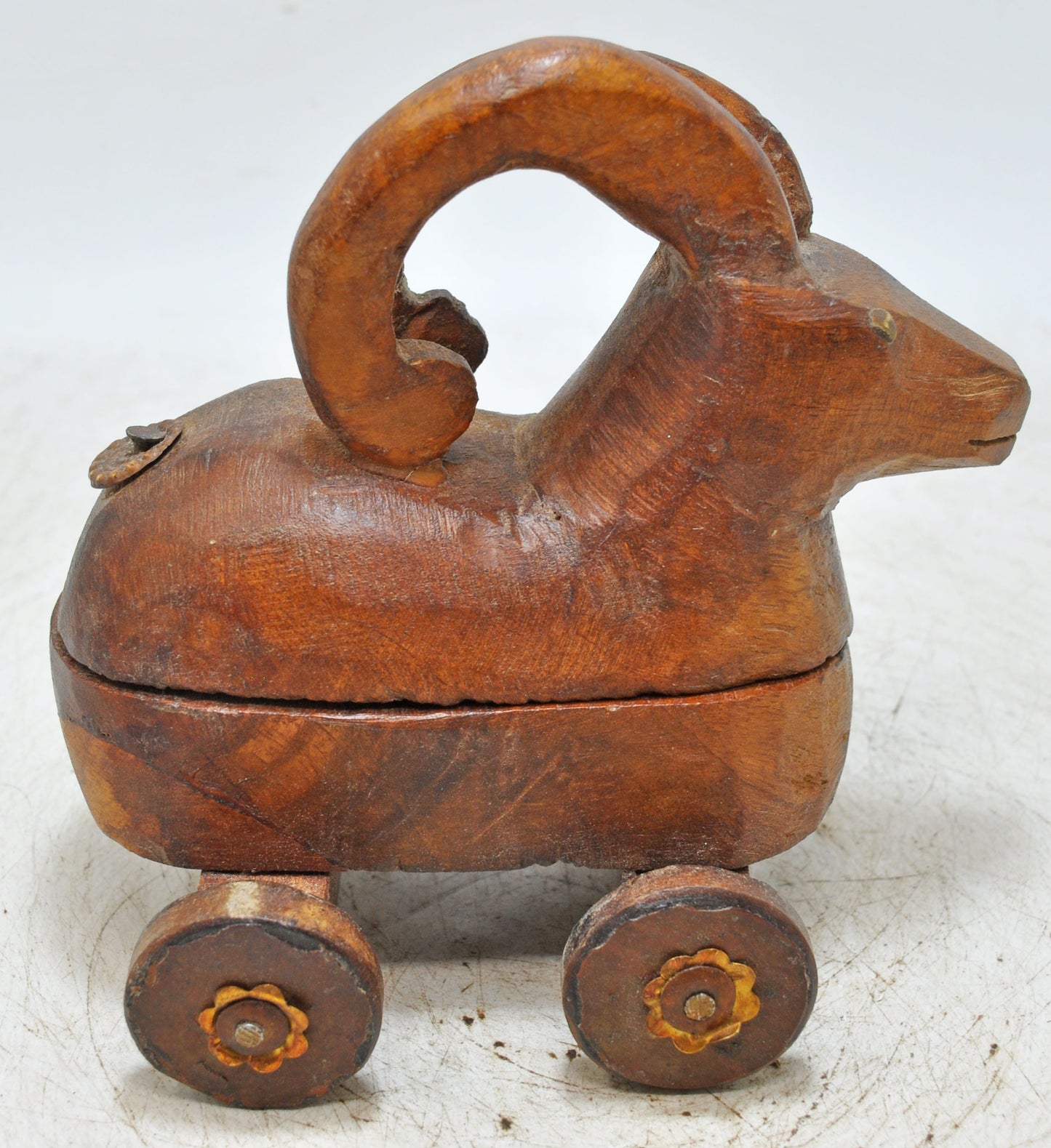 Vintage Wooden Ram Goat on Wheels Figurine Spice Box Original Old Hand Carved