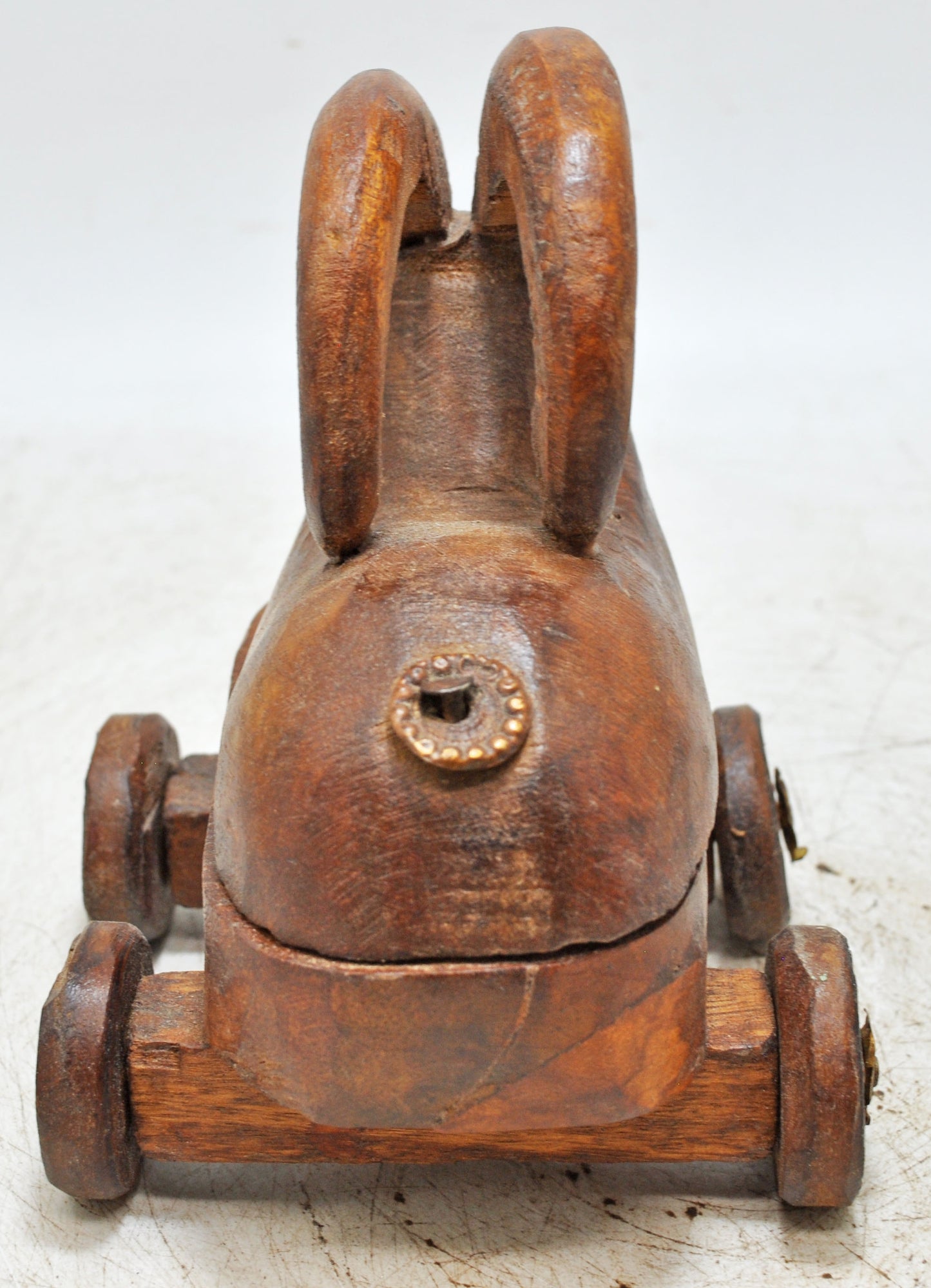 Vintage Wooden Ram Goat on Wheels Figurine Spice Box Original Old Hand Carved
