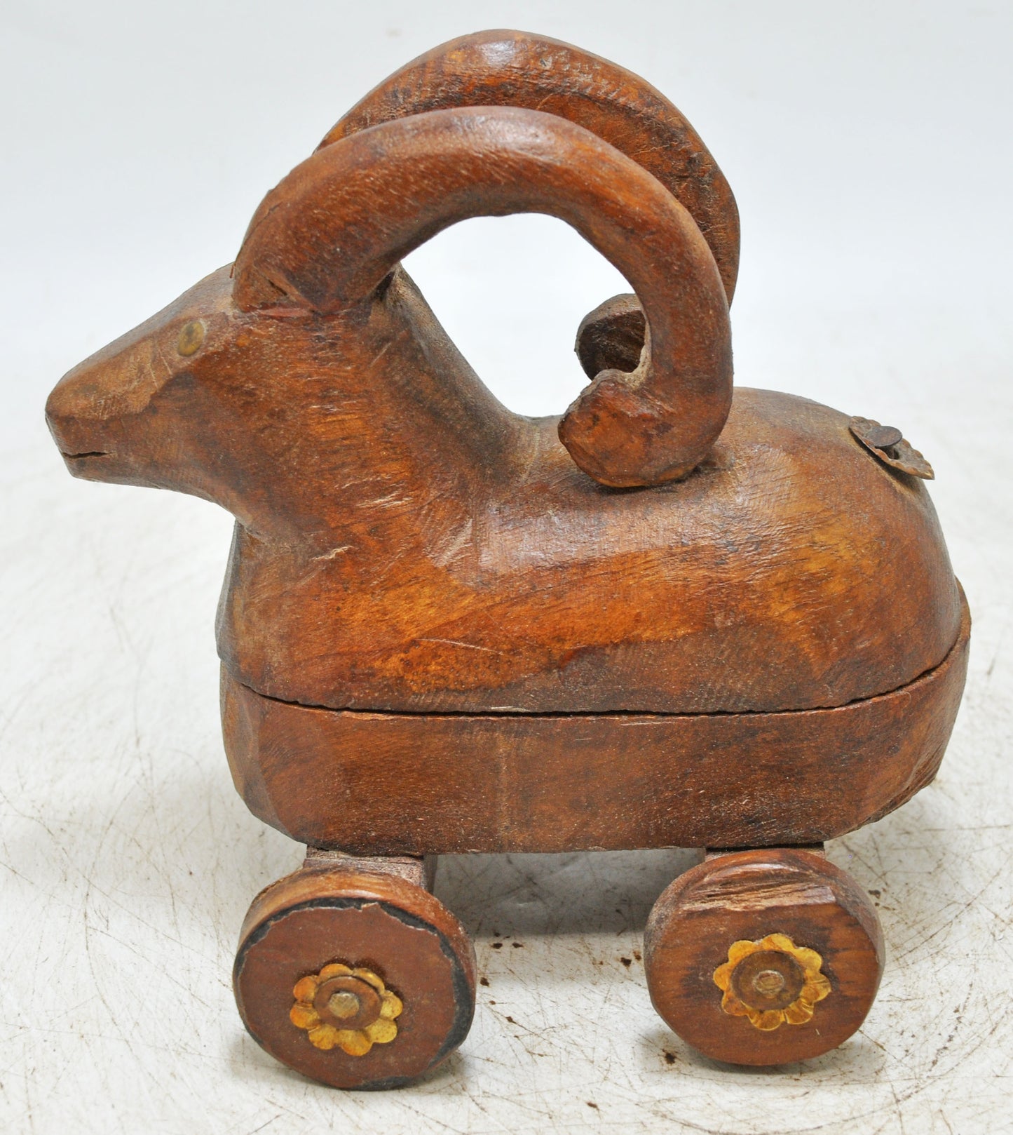 Vintage Wooden Ram Goat on Wheels Figurine Spice Box Original Old Hand Carved