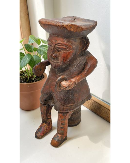 Vintage Wooden Musician Man Figurine Original Old Hand Carved