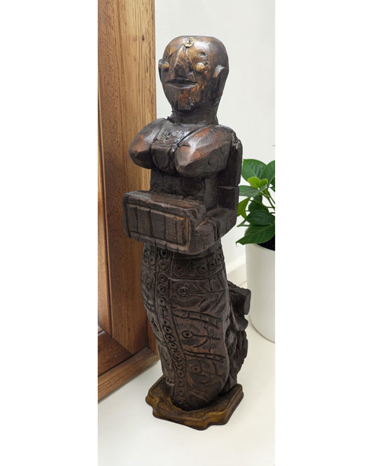 Vintage Wooden Musician Woman Figurine Original Old Very Fine Hand Carved