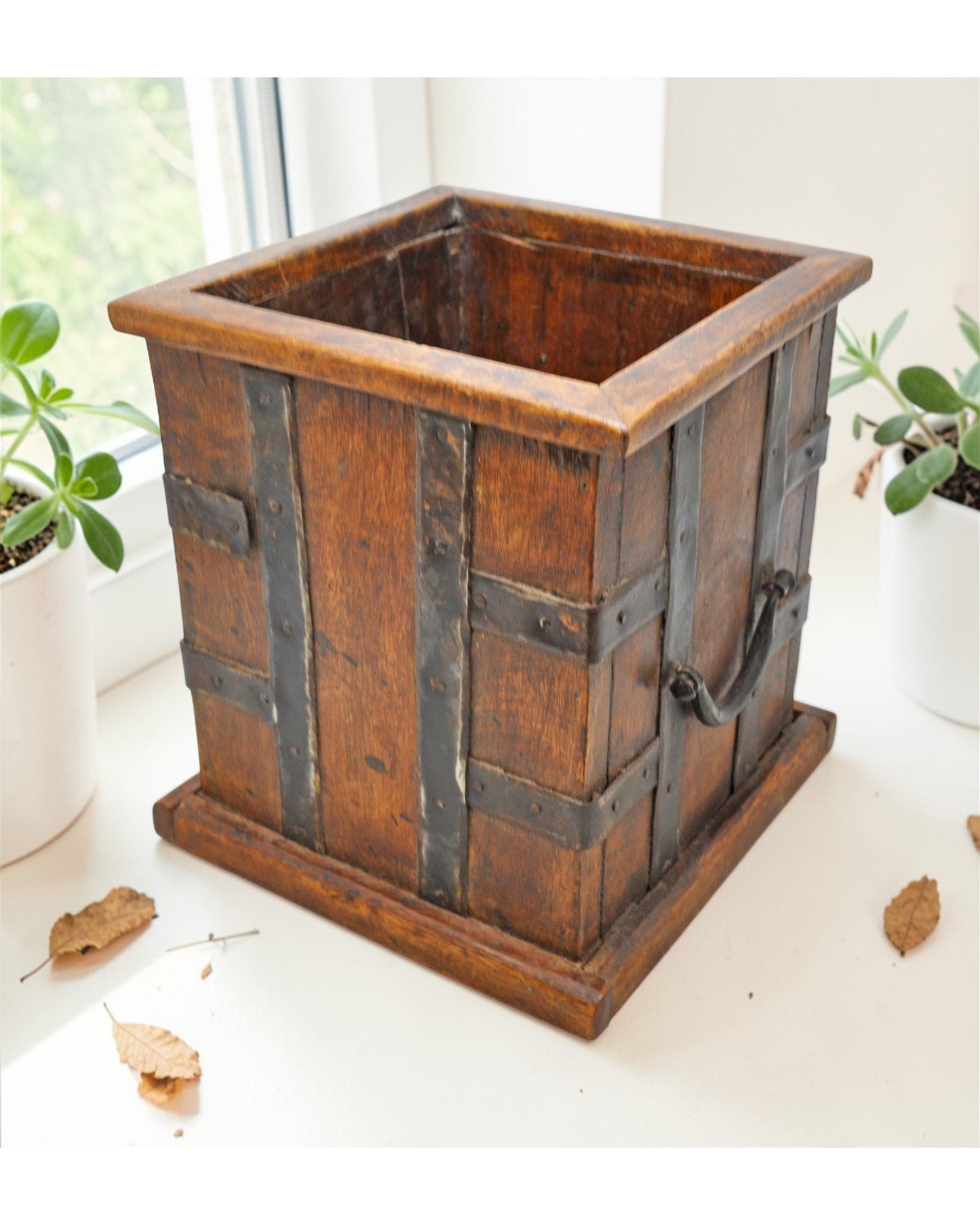 Vintage Wooden Square Planter Pot Original Old Hand Crafted Metal Fitted