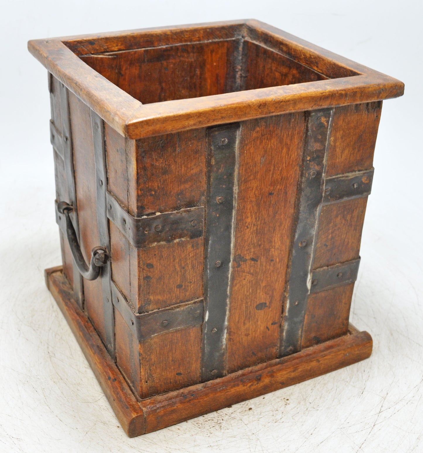 Vintage Wooden Square Planter Pot Original Old Hand Crafted Metal Fitted