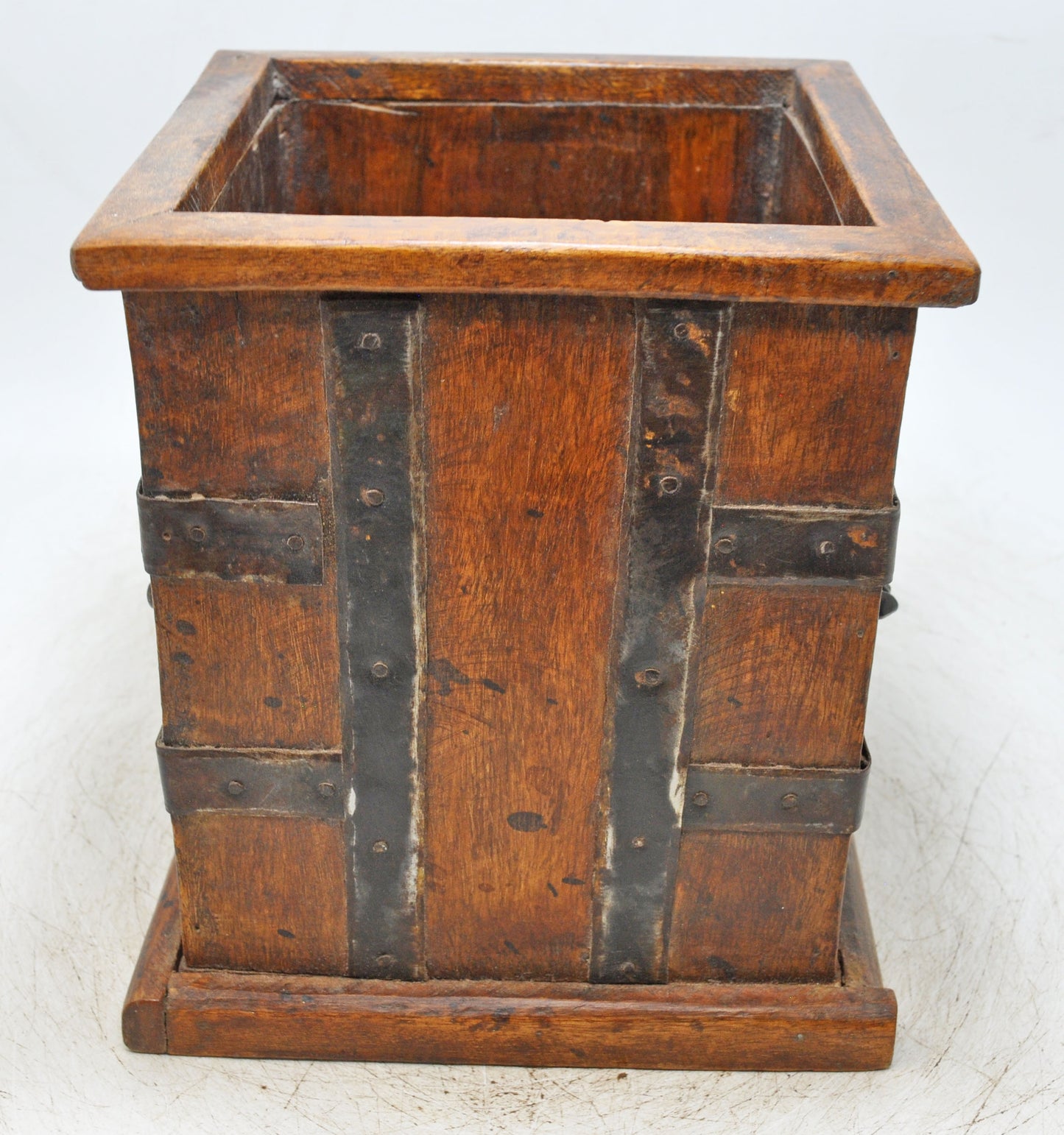Vintage Wooden Square Planter Pot Original Old Hand Crafted Metal Fitted