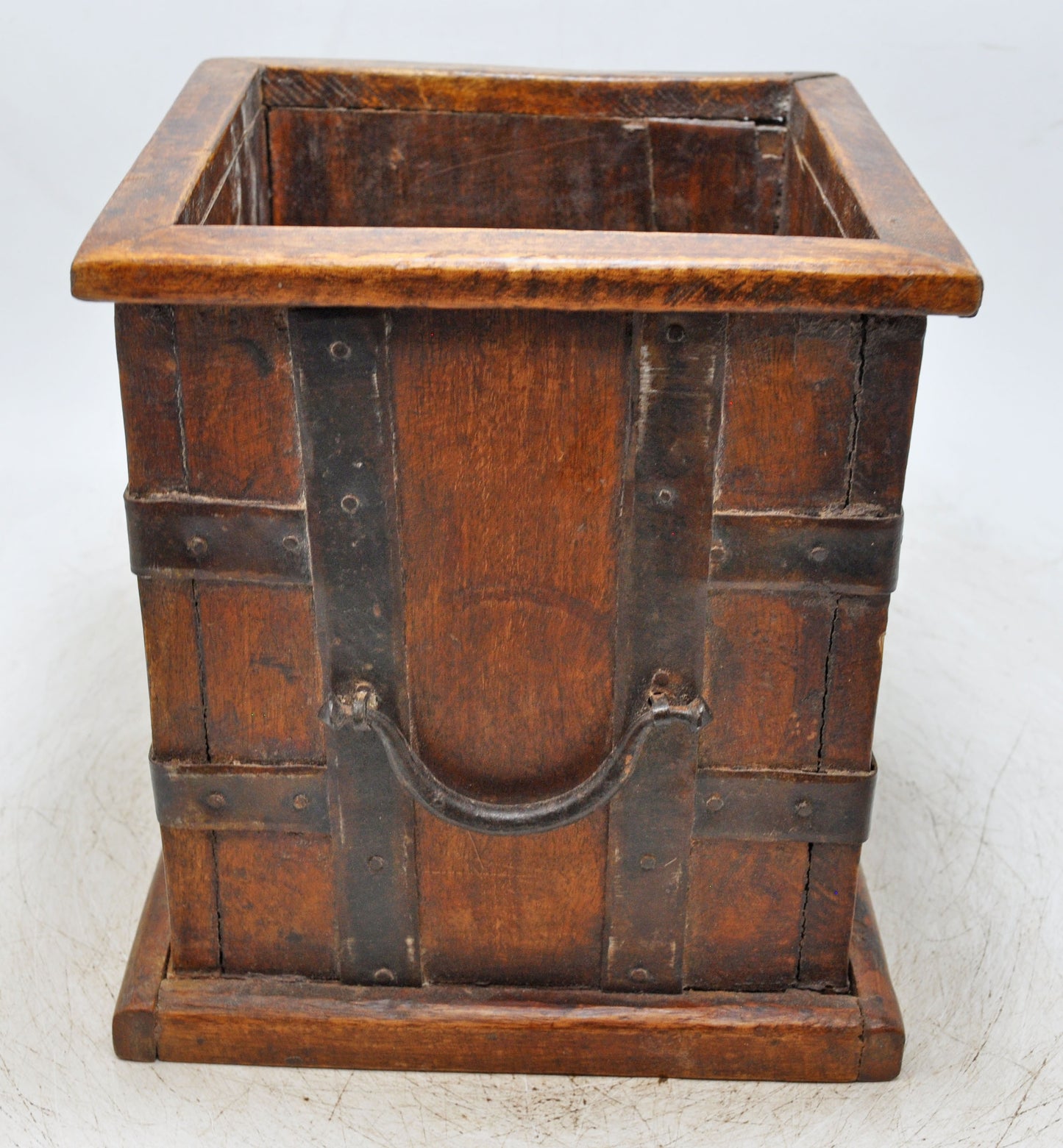 Vintage Wooden Square Planter Pot Original Old Hand Crafted Metal Fitted
