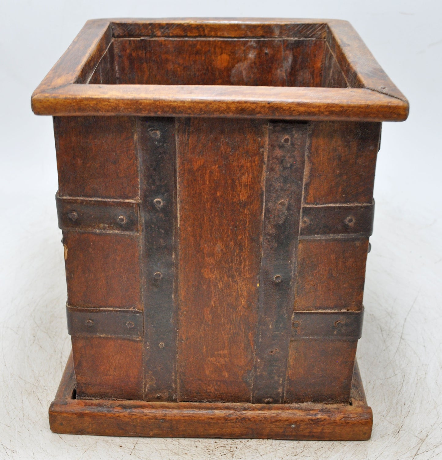 Vintage Wooden Square Planter Pot Original Old Hand Crafted Metal Fitted