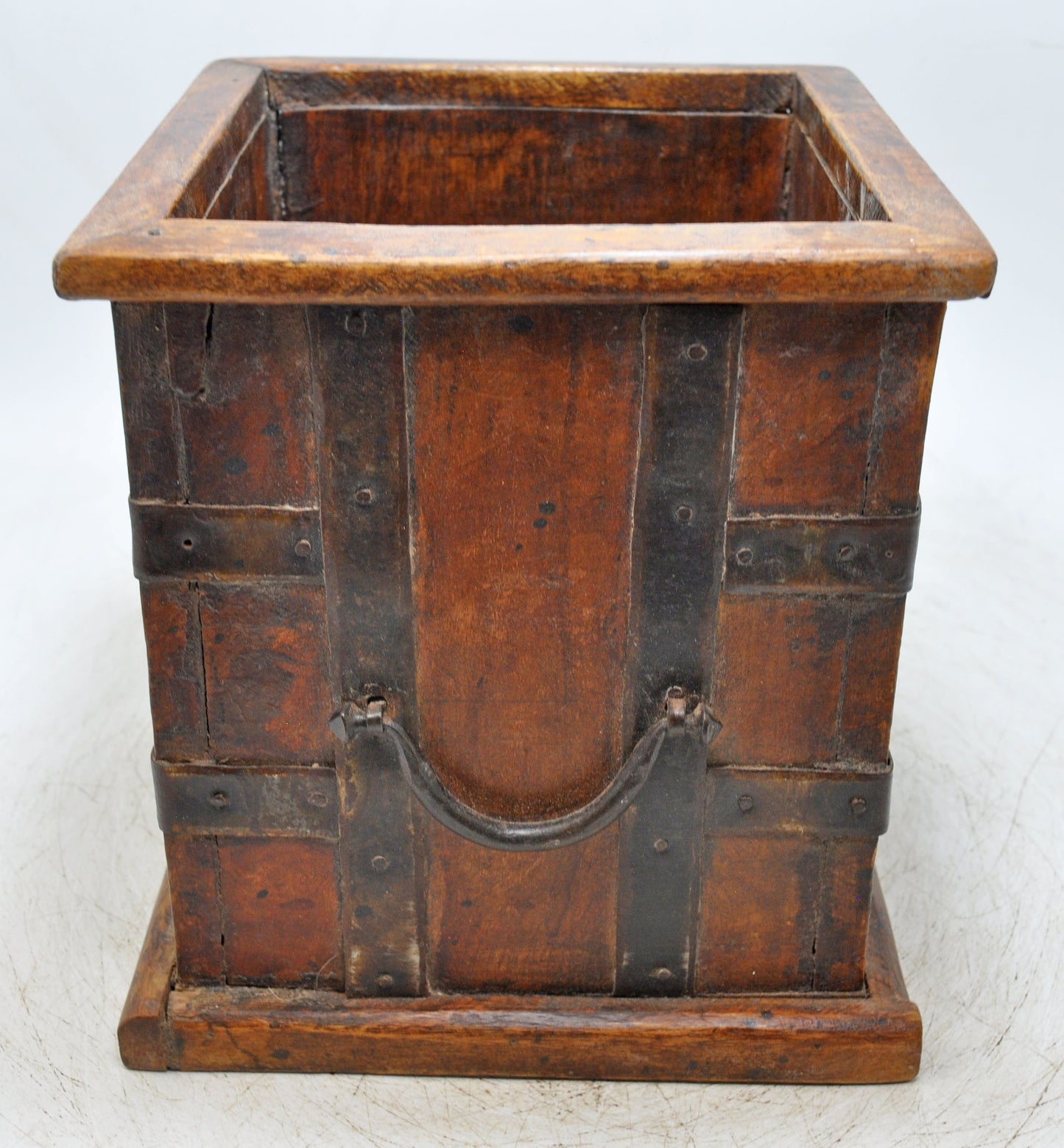 Vintage Wooden Square Planter Pot Original Old Hand Crafted Metal Fitted