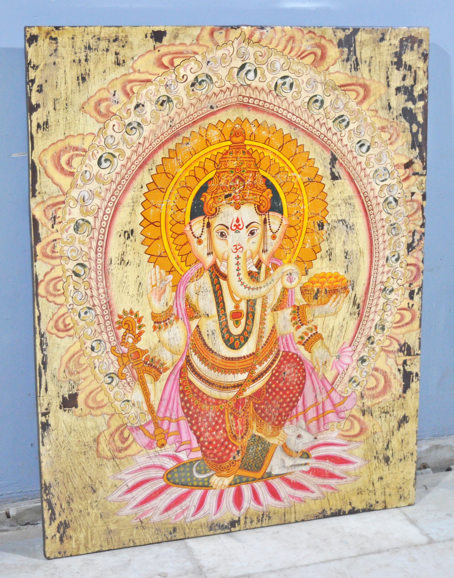 Antique Wooden Big Door Panel Fine Rustic Painting Original Old Hand Crafted Painted