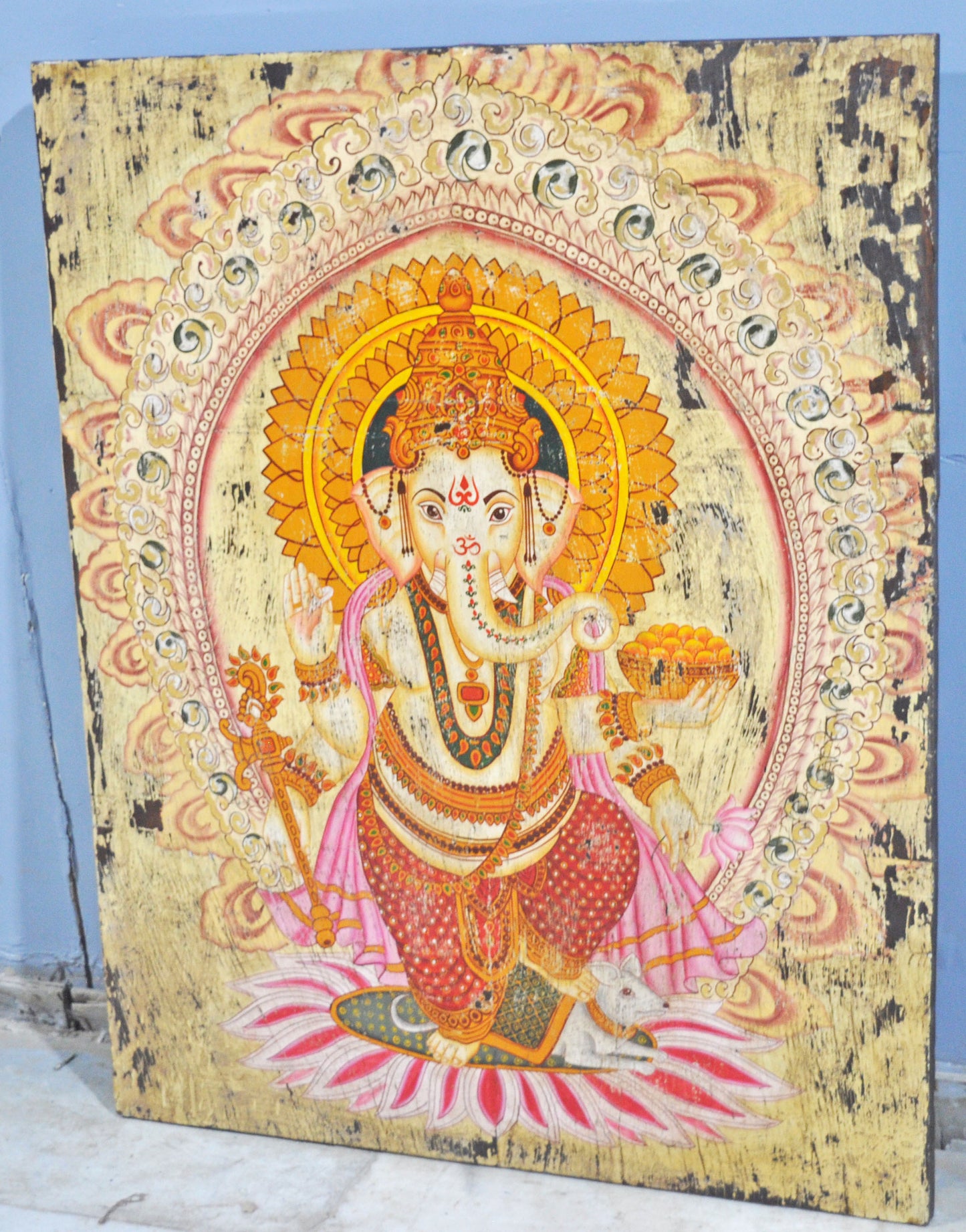 Antique Wooden Big Door Panel Fine Rustic Painting Original Old Hand Crafted Painted