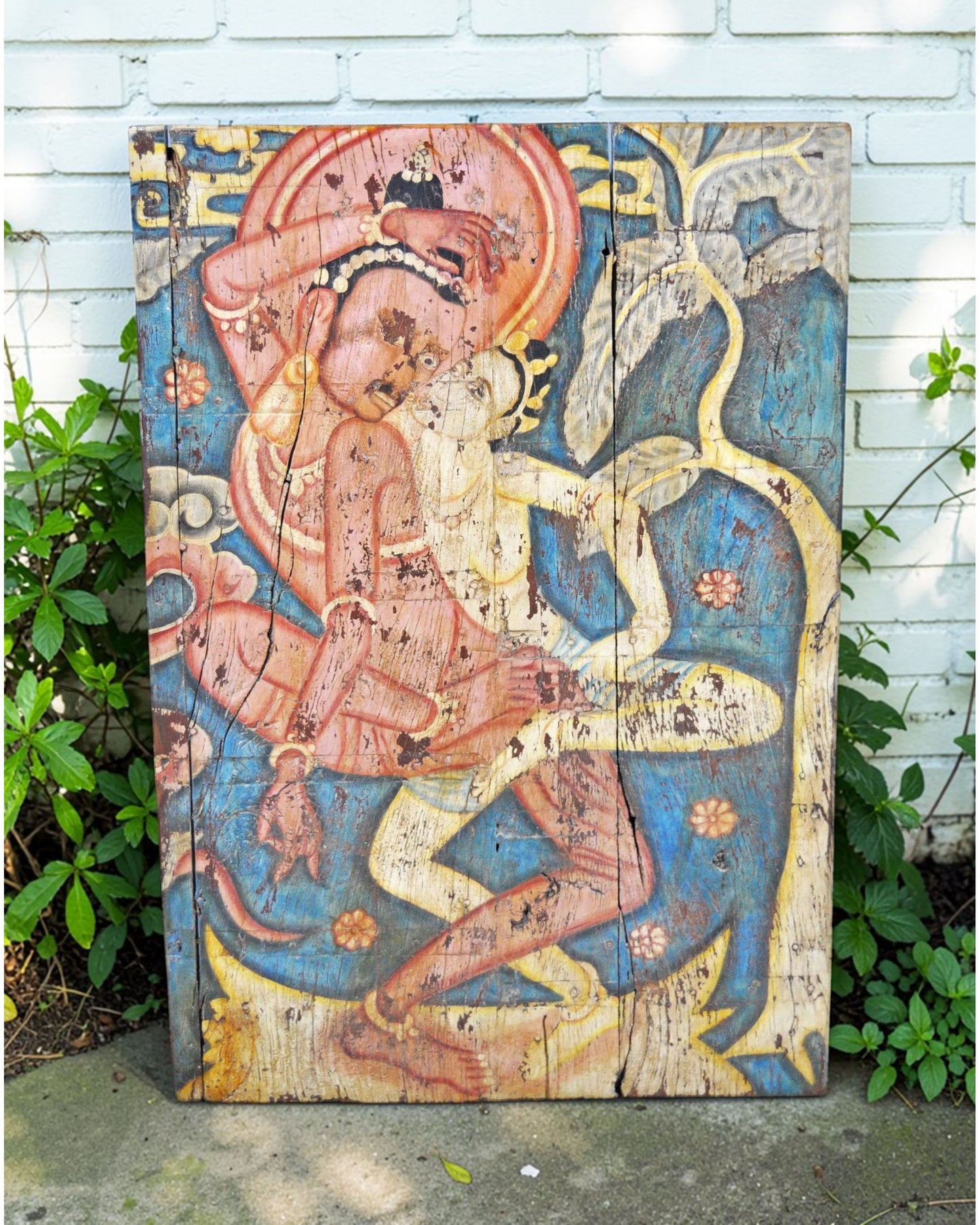 Antique Wooden Big Door Panel Fine Rustic Painting Original Old Hand Crafted Painted