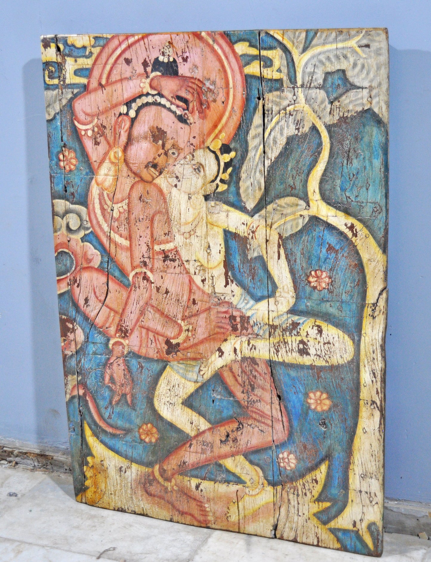 Antique Wooden Big Door Panel Fine Rustic Painting Original Old Hand Crafted Painted