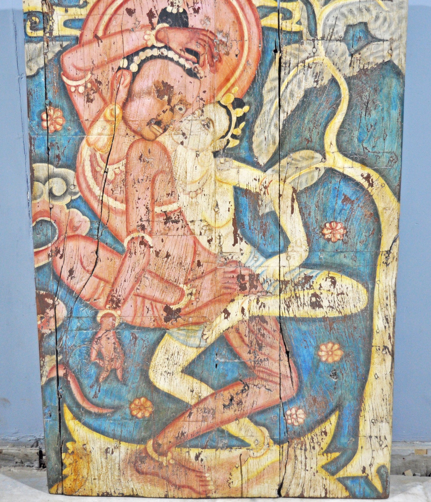 Antique Wooden Big Door Panel Fine Rustic Painting Original Old Hand Crafted Painted