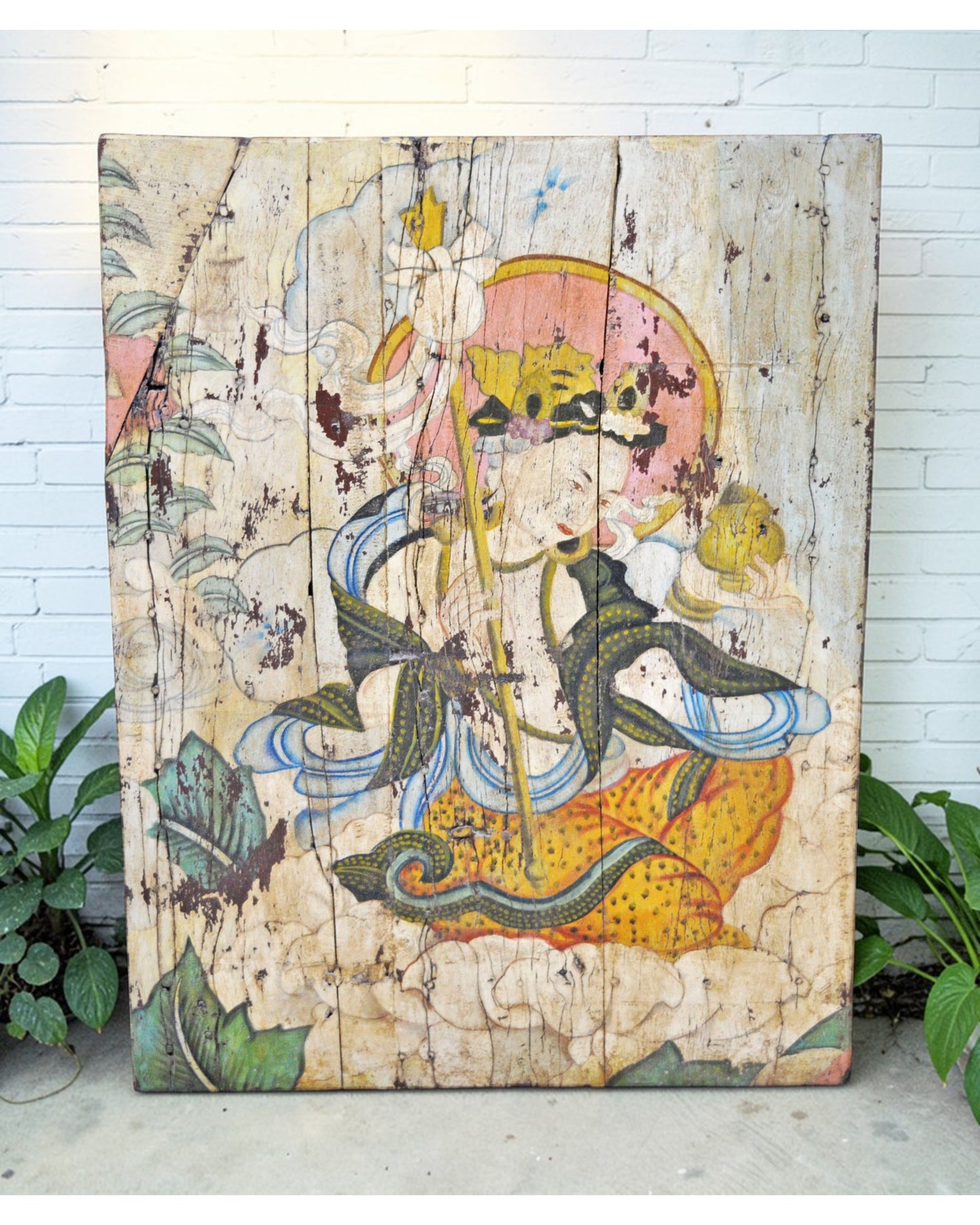 Antique Wooden Big Door Panel Fine Rustic Painting Original Old Hand Crafted Painted