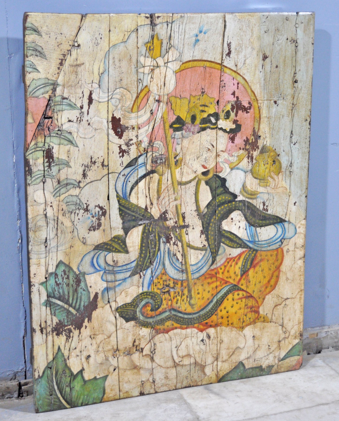 Antique Wooden Big Door Panel Fine Rustic Painting Original Old Hand Crafted Painted