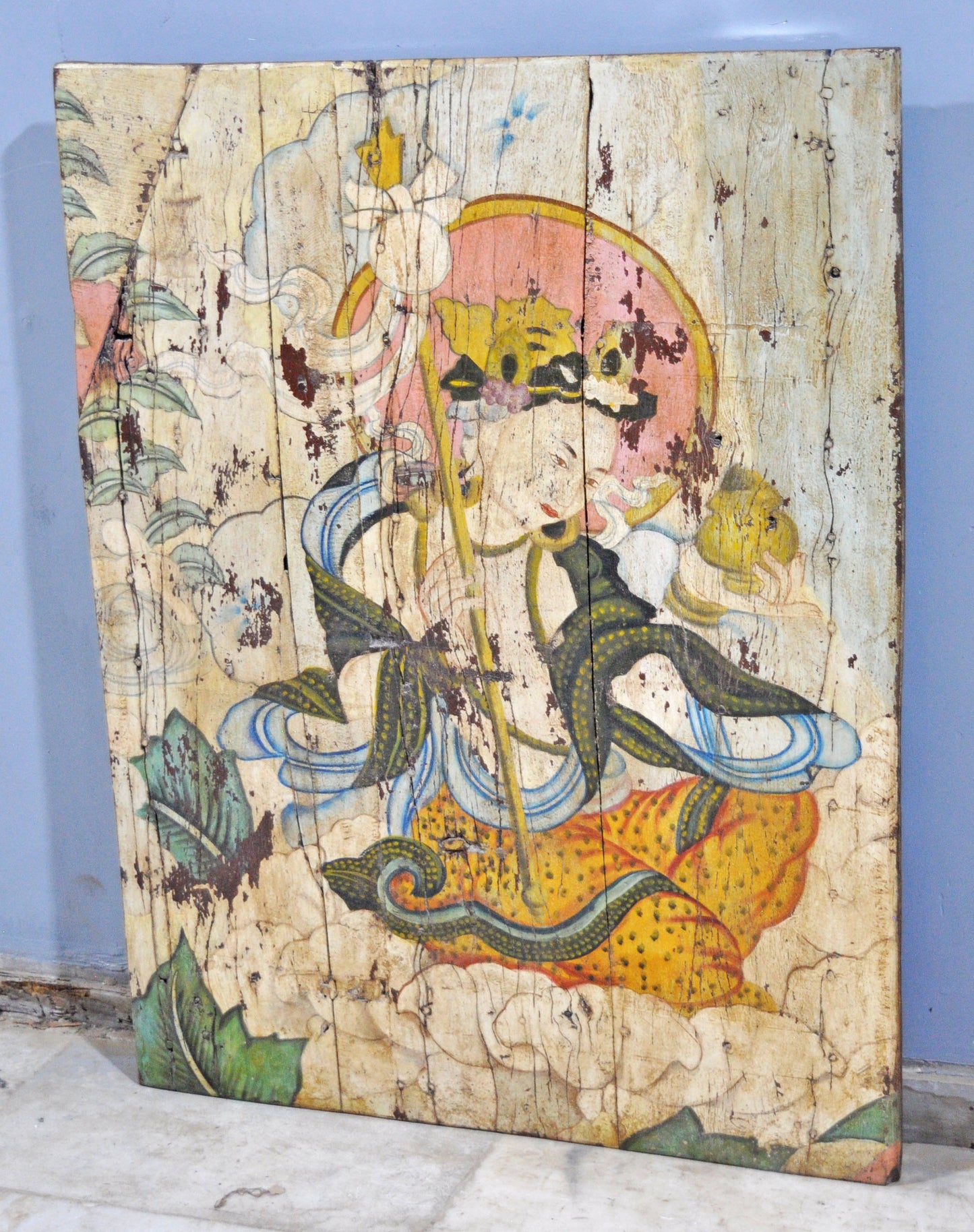 Antique Wooden Big Door Panel Fine Rustic Painting Original Old Hand Crafted Painted