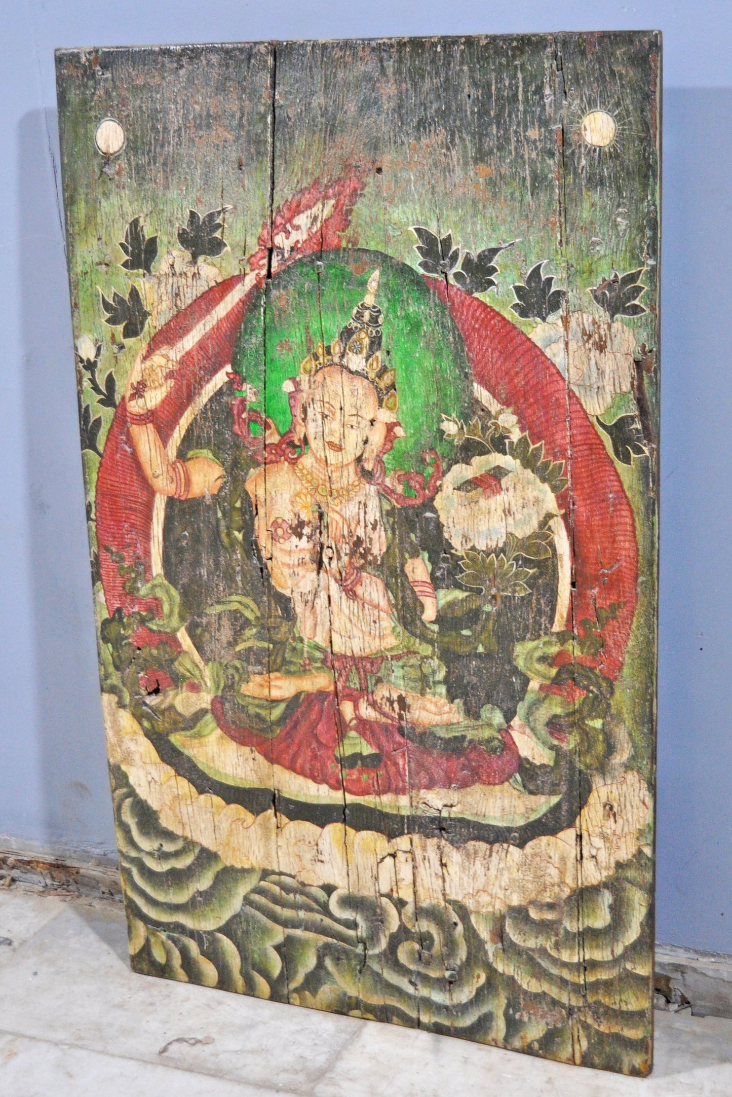 Antique Wooden Big Door Panel Fine Rustic Painting Original Old Hand Crafted Painted