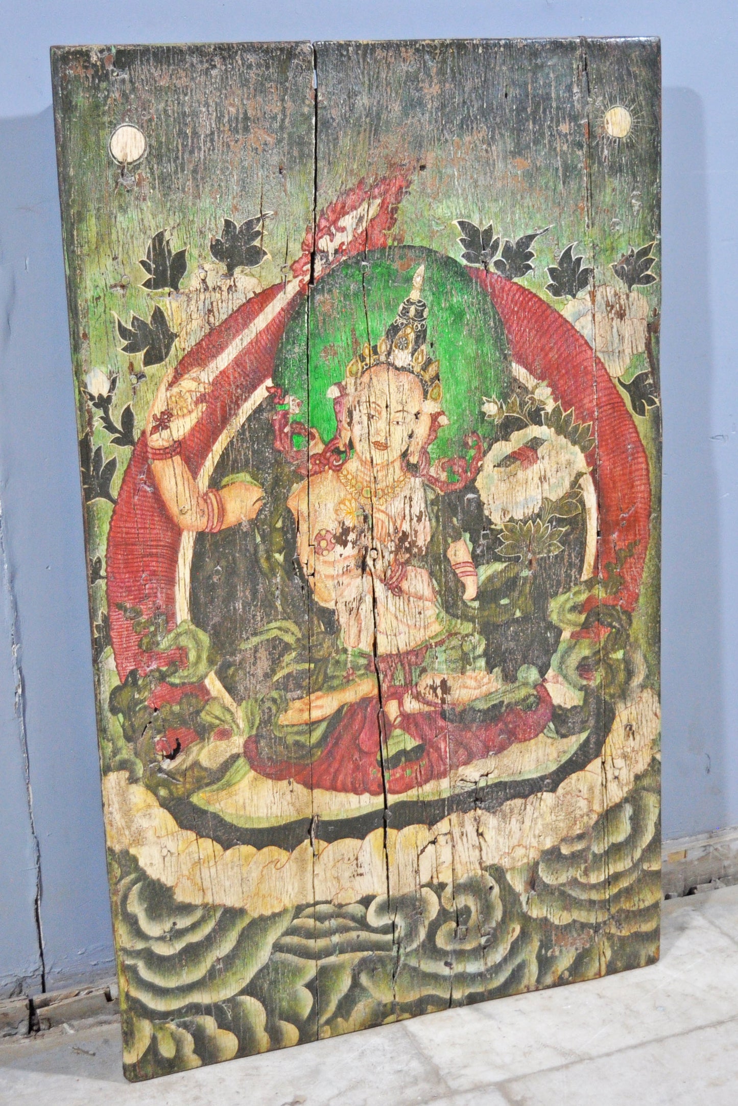 Antique Wooden Big Door Panel Fine Rustic Painting Original Old Hand Crafted Painted