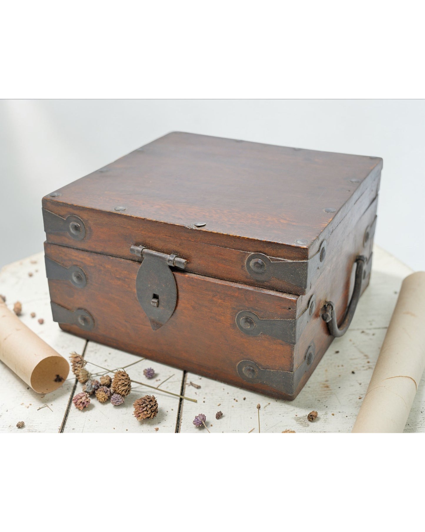 Vintage Wooden Square Storage Box Original Old Hand Crafted Metal Fitted