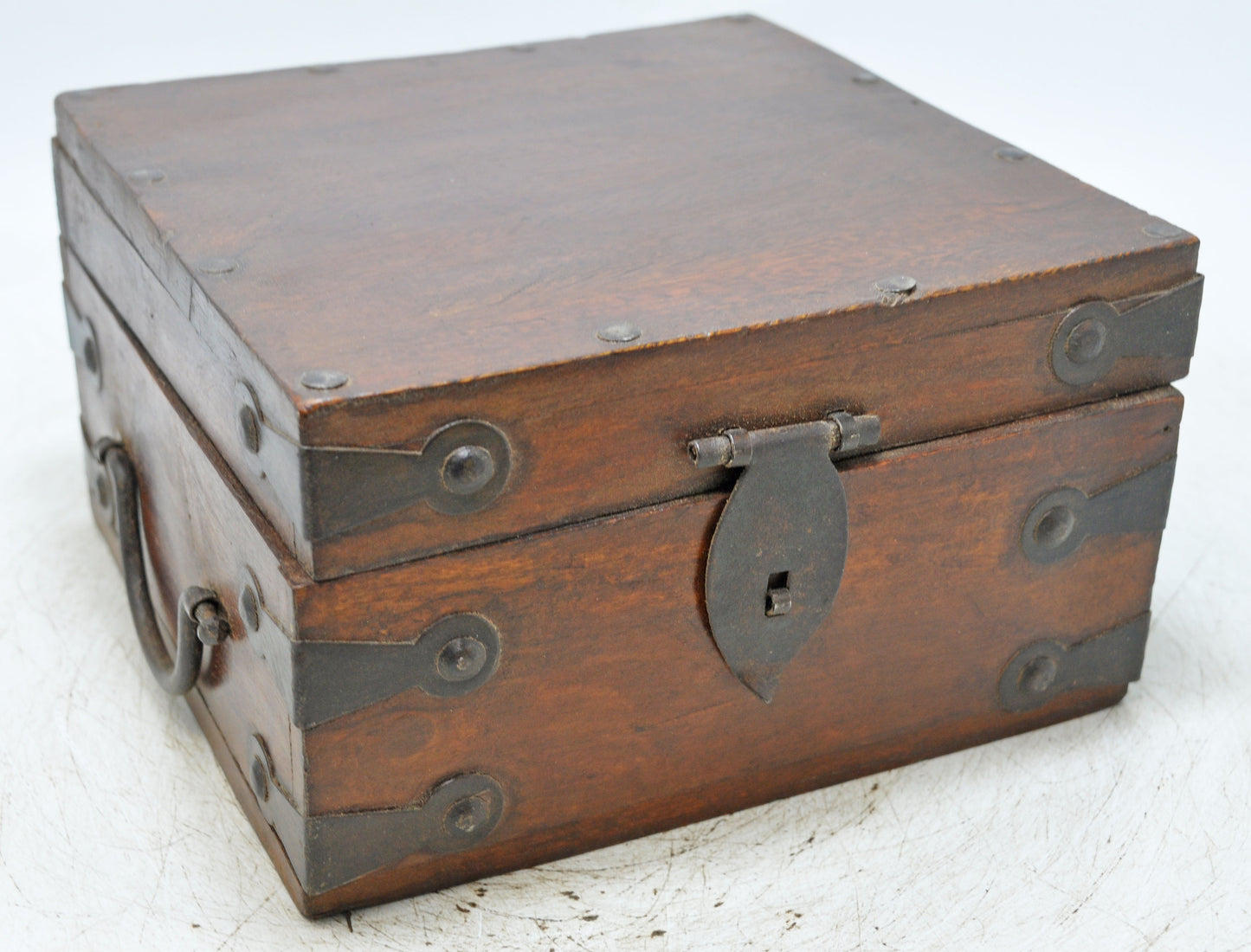 Vintage Wooden Square Storage Box Original Old Hand Crafted Metal Fitted