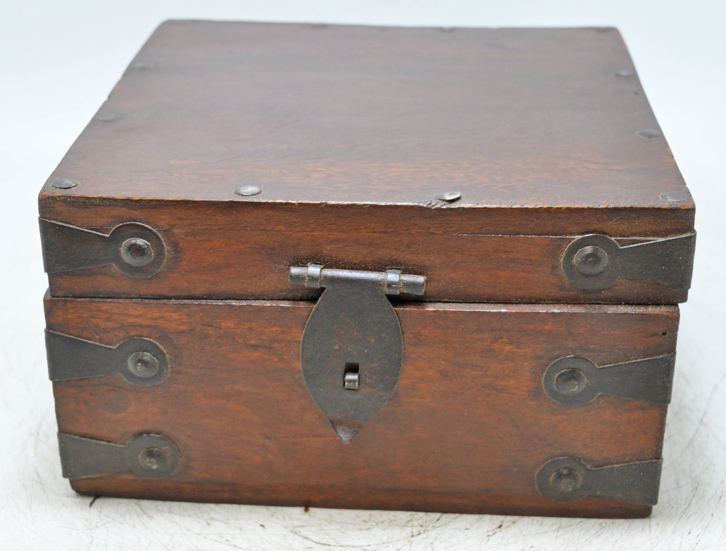 Vintage Wooden Square Storage Box Original Old Hand Crafted Metal Fitted