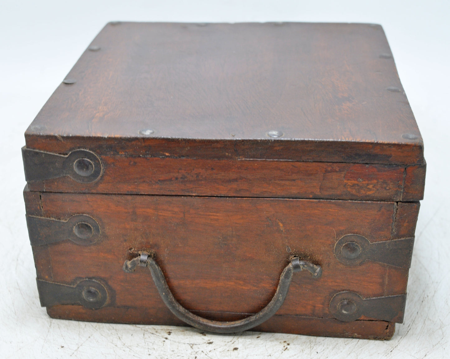 Vintage Wooden Square Storage Box Original Old Hand Crafted Metal Fitted