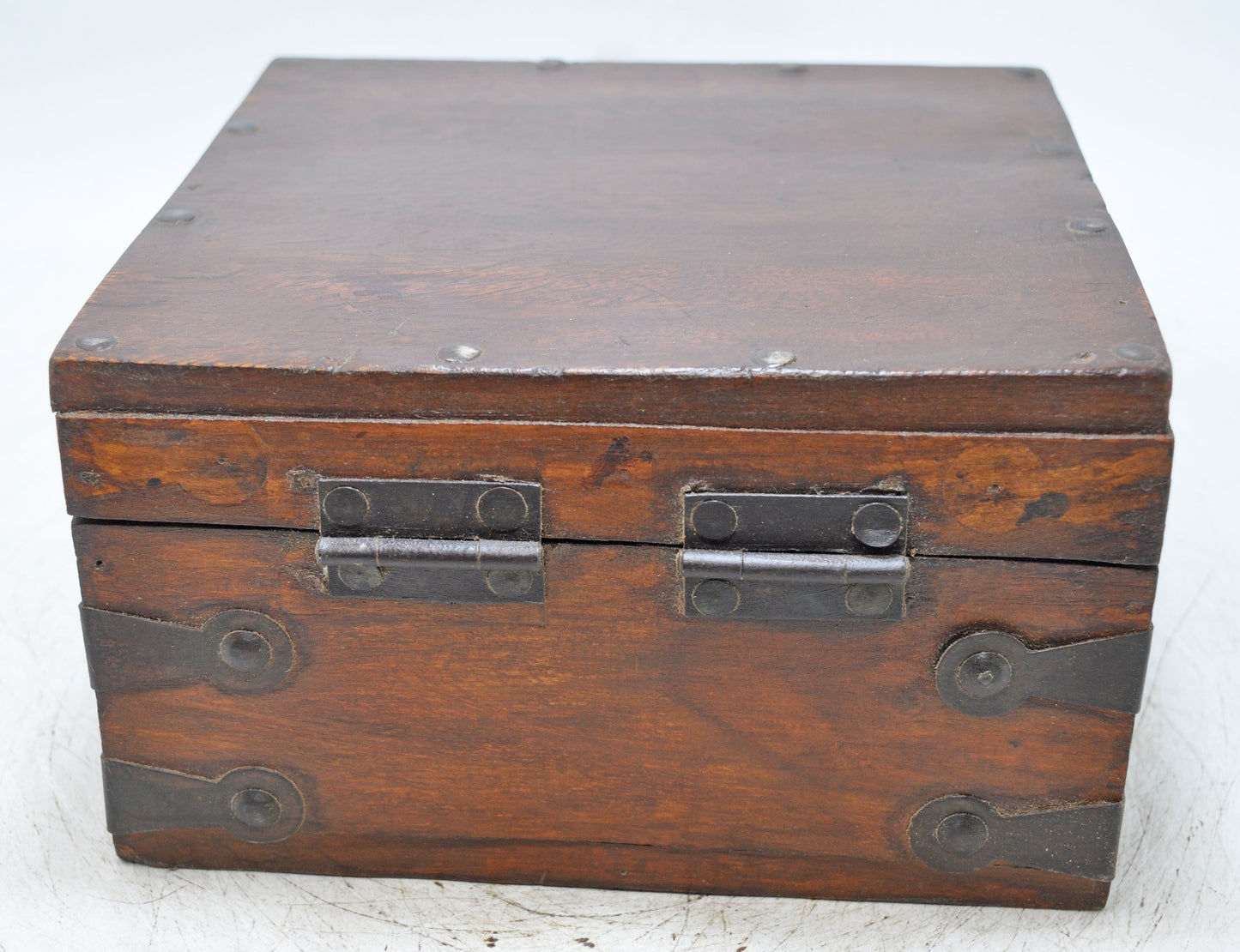 Vintage Wooden Square Storage Box Original Old Hand Crafted Metal Fitted