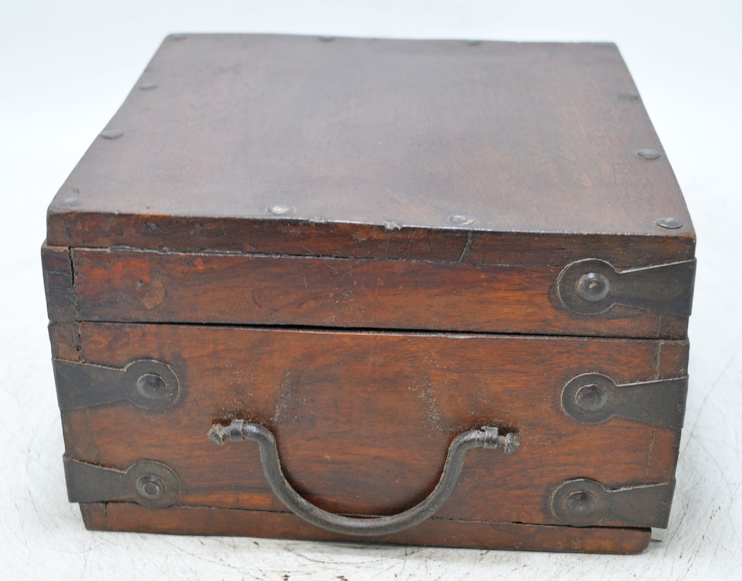 Vintage Wooden Square Storage Box Original Old Hand Crafted Metal Fitted