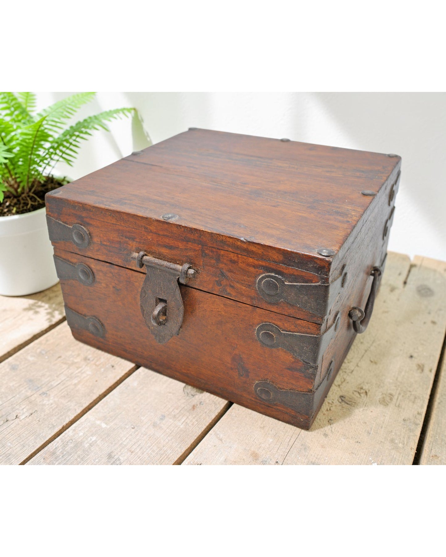 Vintage Wooden Square Storage Box Original Old Hand Crafted Metal Fitted