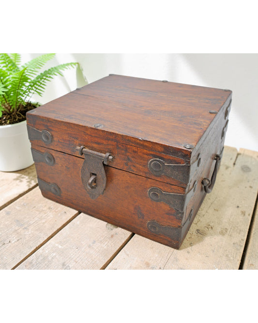 Vintage Wooden Square Storage Box Original Old Hand Crafted Metal Fitted