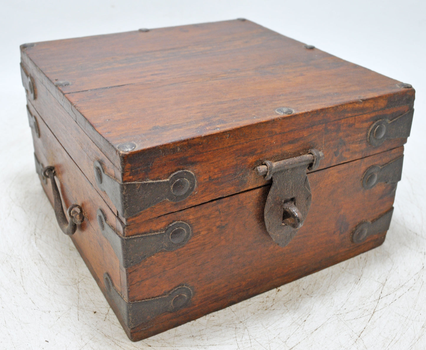 Vintage Wooden Square Storage Box Original Old Hand Crafted Metal Fitted