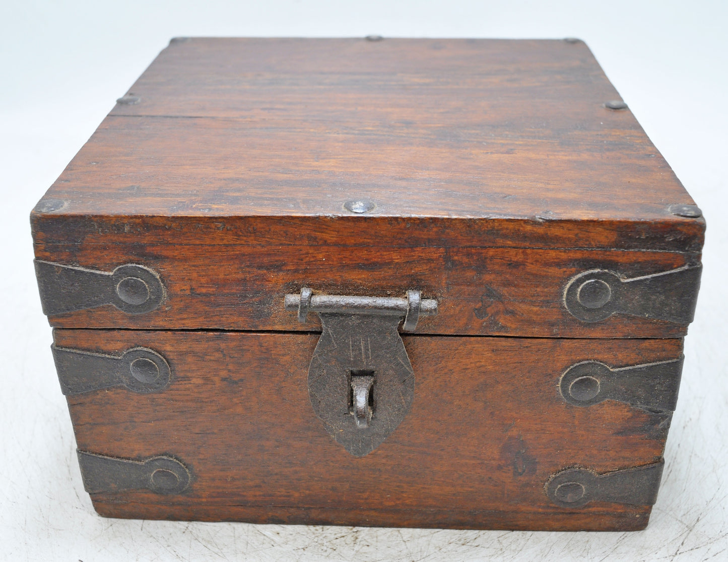 Vintage Wooden Square Storage Box Original Old Hand Crafted Metal Fitted