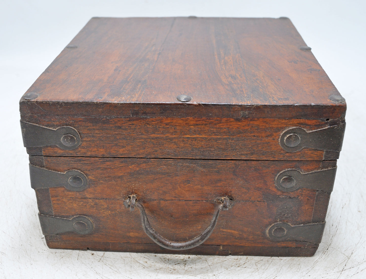 Vintage Wooden Square Storage Box Original Old Hand Crafted Metal Fitted