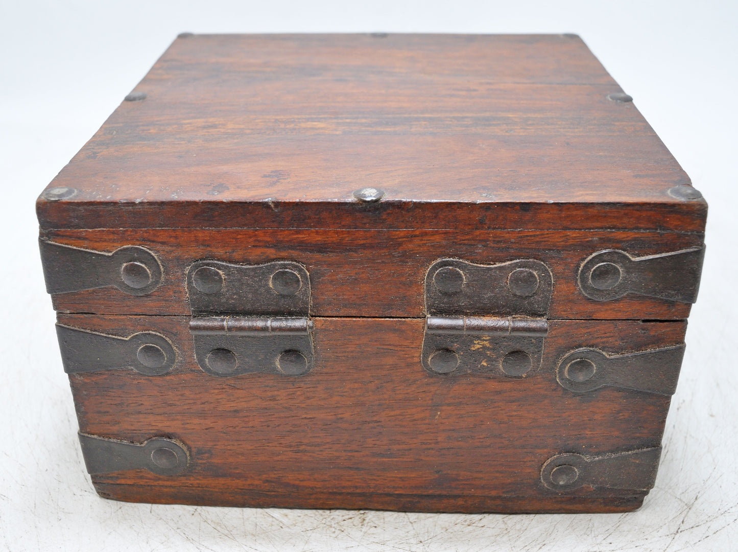 Vintage Wooden Square Storage Box Original Old Hand Crafted Metal Fitted