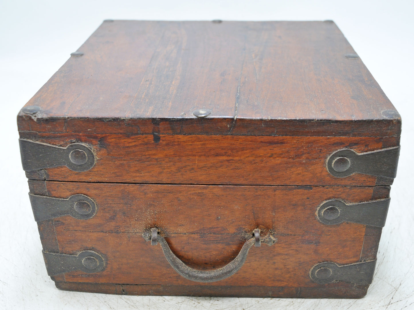 Vintage Wooden Square Storage Box Original Old Hand Crafted Metal Fitted